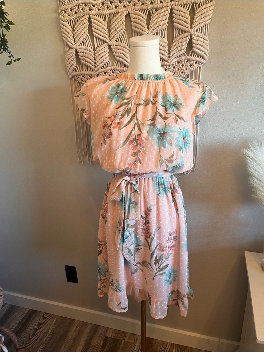 DR2 Peach Floral Midi Dress with Teal Blue Flowers